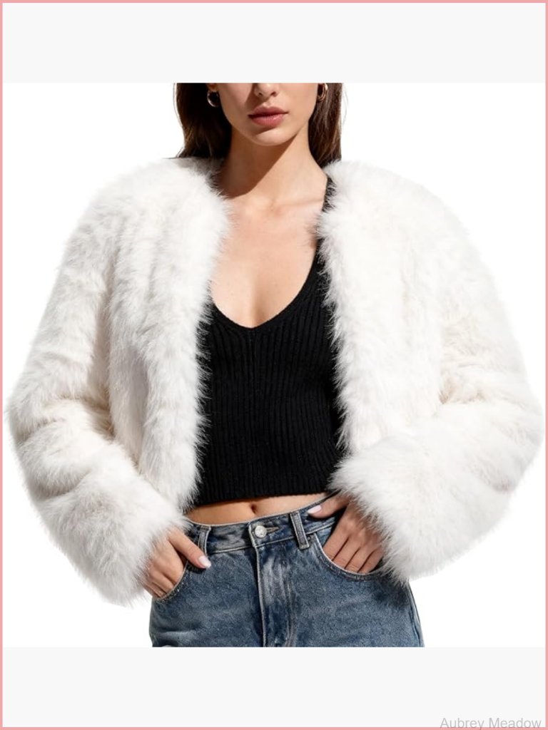 Womens Faux Fur Cropped Jacket Long Sleeve Fluffy Coat With Pockets
